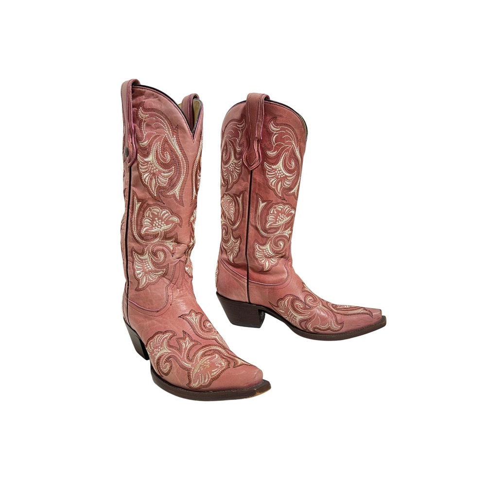 Corral Womens Pink Floral Full Stitch Leather Western Boots G1087 Snip Toe 9.5M